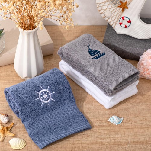 HunnmingRe Nautical Hand Towels - 3 Pcs Dark Blue & White Cotton Set | 13.3 x 28.4'' Coastal Decor