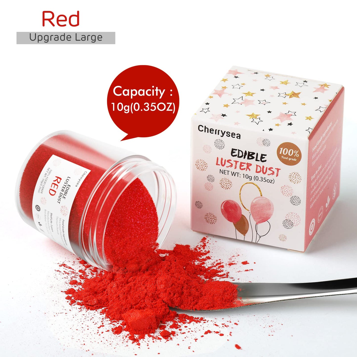 Red Edible Luster Dust 10 Grams, Food Grade Cake Luster Dust Tasteless Dessert Dusting Powders for Baking Cherrysea Food Coloring Powder for Cupcakes, Cake Pops,Fondant,Chocolate, Candy