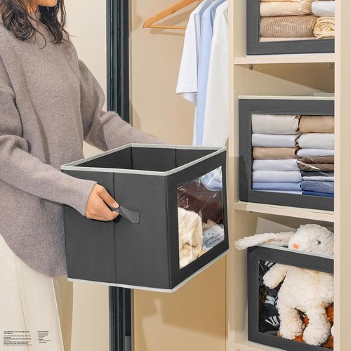 Homsorout Stackable Storage Bins - Large Foldable Closet Organizers with Lids, 4 Pack, Dark Grey