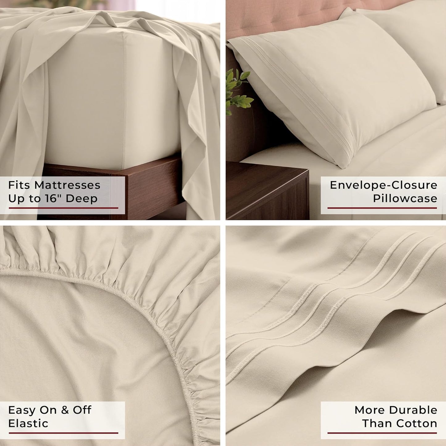 Mellanni King Sheets Set - 4 PC Hotel Luxury Bedding | Extra Soft, Cooling, Wrinkle-Resistant (Beige)
