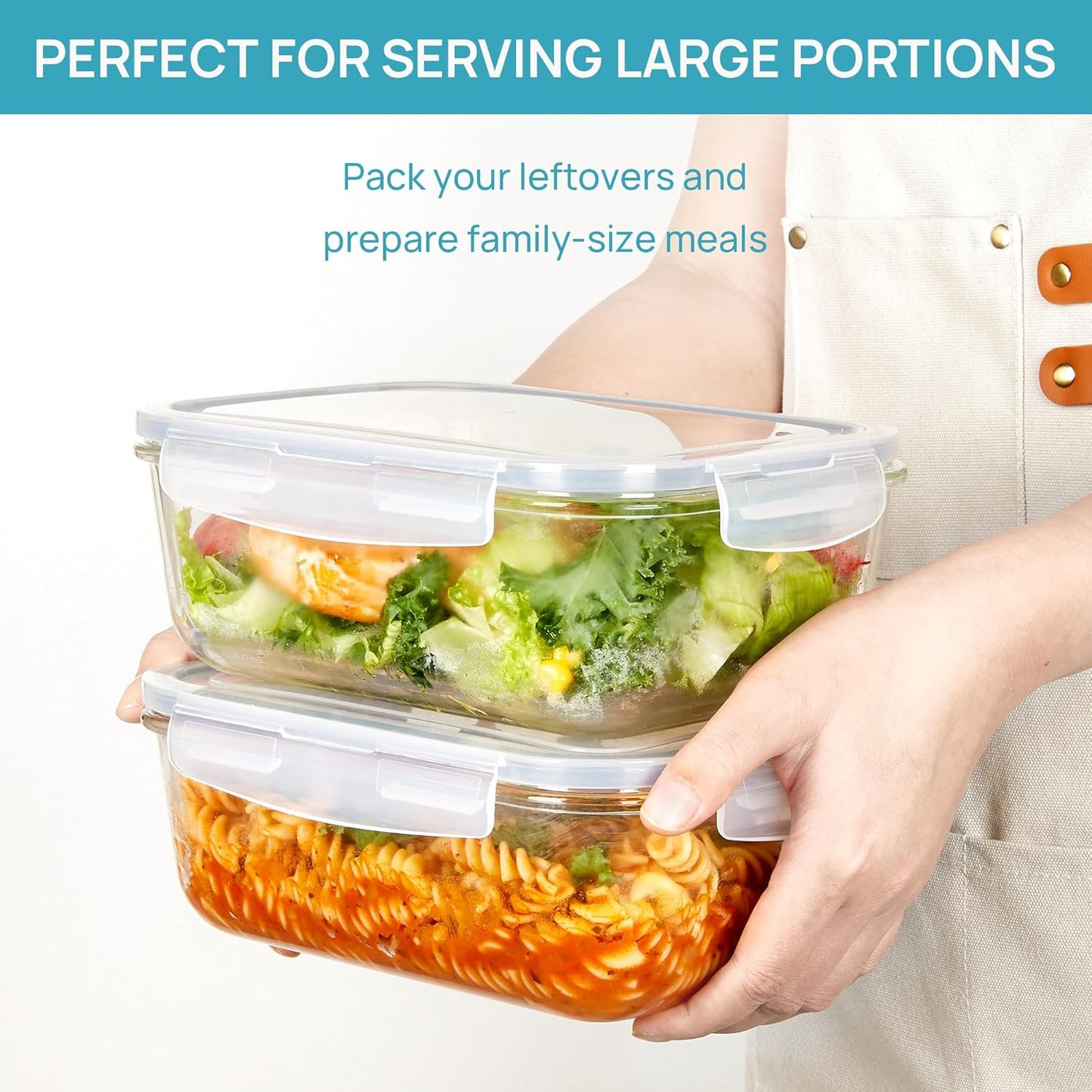 Vtopmart Large Glass Storage Containers - 2-Pack 1860ml | Airtight Meal Prep Set, Leak-Proof, Grey
