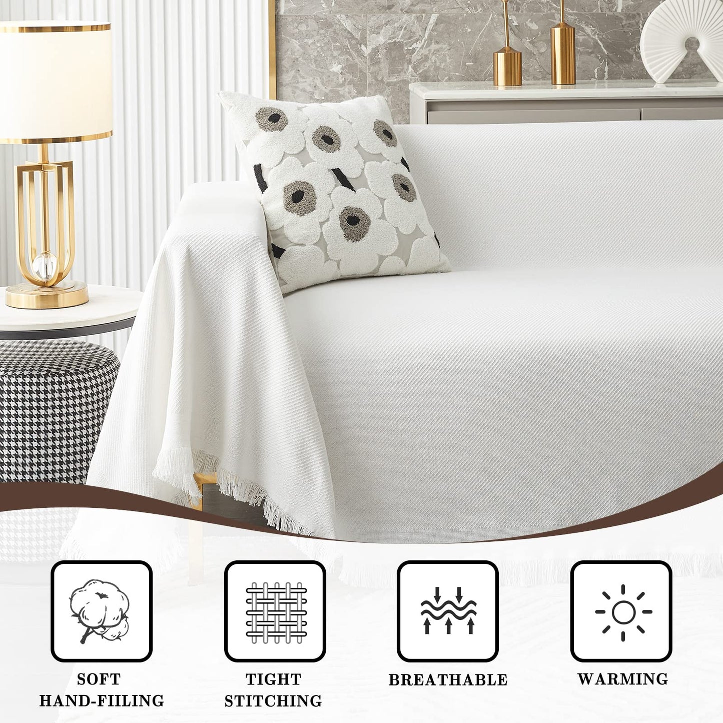 MYSKY HOME White Couch Cover for Sectional Sofa Covers for 3 Cushion Couch Sofa Protector Geometrical Sofa Slipcovers Washable Thick Fabric Blanket for Dogs, Pets (XX-Large, 91" x 134", White)