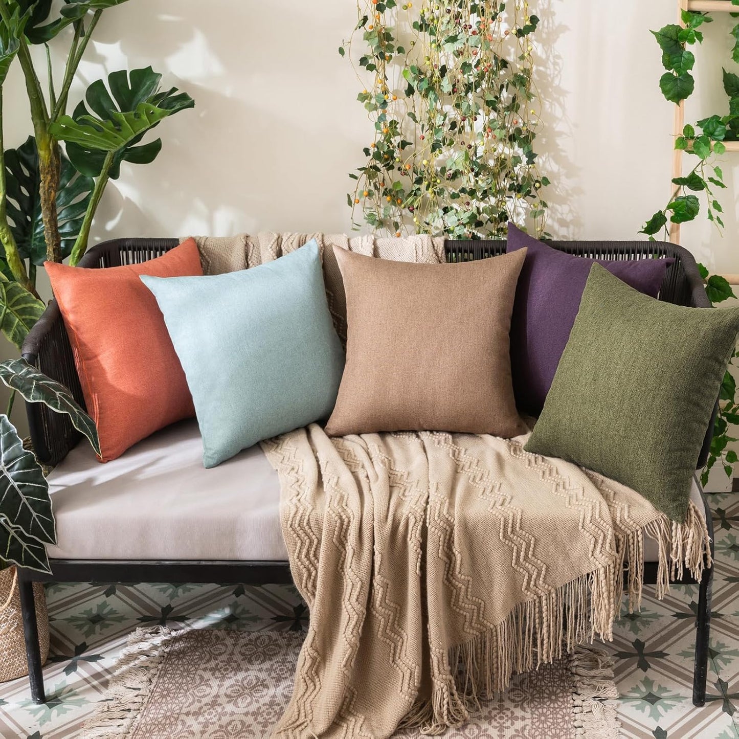MIULEE Decorative Outdoor Throw Pillow Covers - Waterproof Faux Linen Cushion Cases | 20x20 Inch Olive Green (Pack of 2)