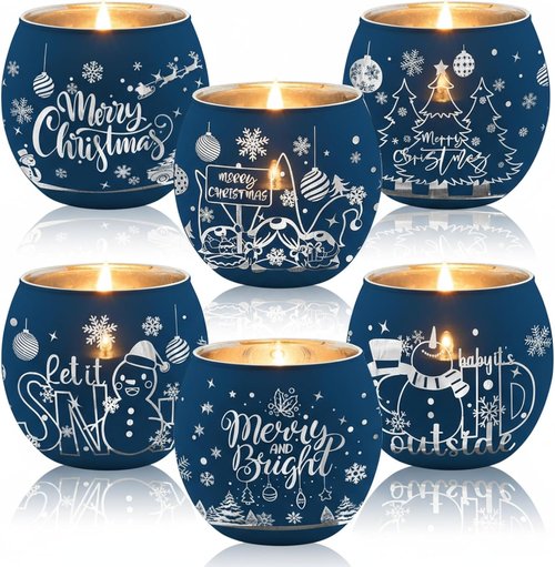 Jingmore Votive Candle Holders - 6 Pcs Glass Set with Laser Engraving Patterns for Party Decor | Navy