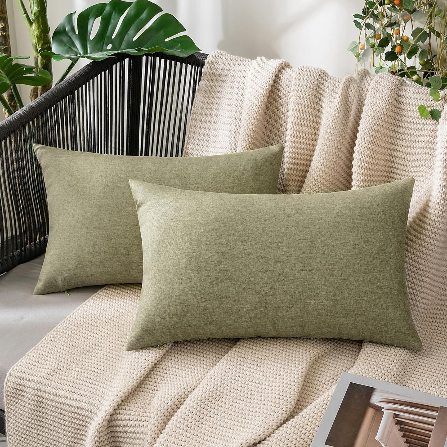 MIULEE Decorative Outdoor Throw Pillow Covers - Waterproof Faux Linen Cushion Cases | 20x12 Inch Light Olive Green (Pack of 2)