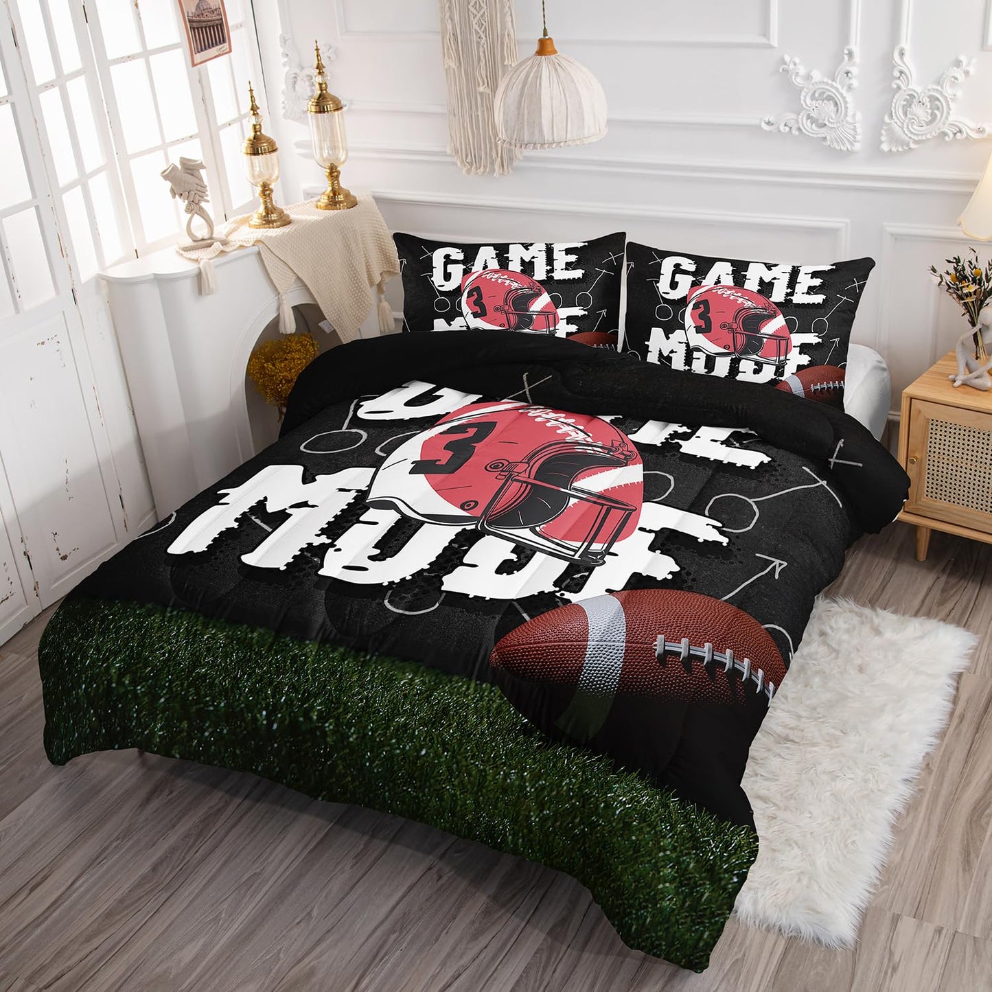 Smell Sunshine Kids Comforter Set Rugby Printed Pattern Bedding Set with 1 Comforter and 2 Pillowcases for Girls Boys Bedroom All Season(Rugby12 Full)