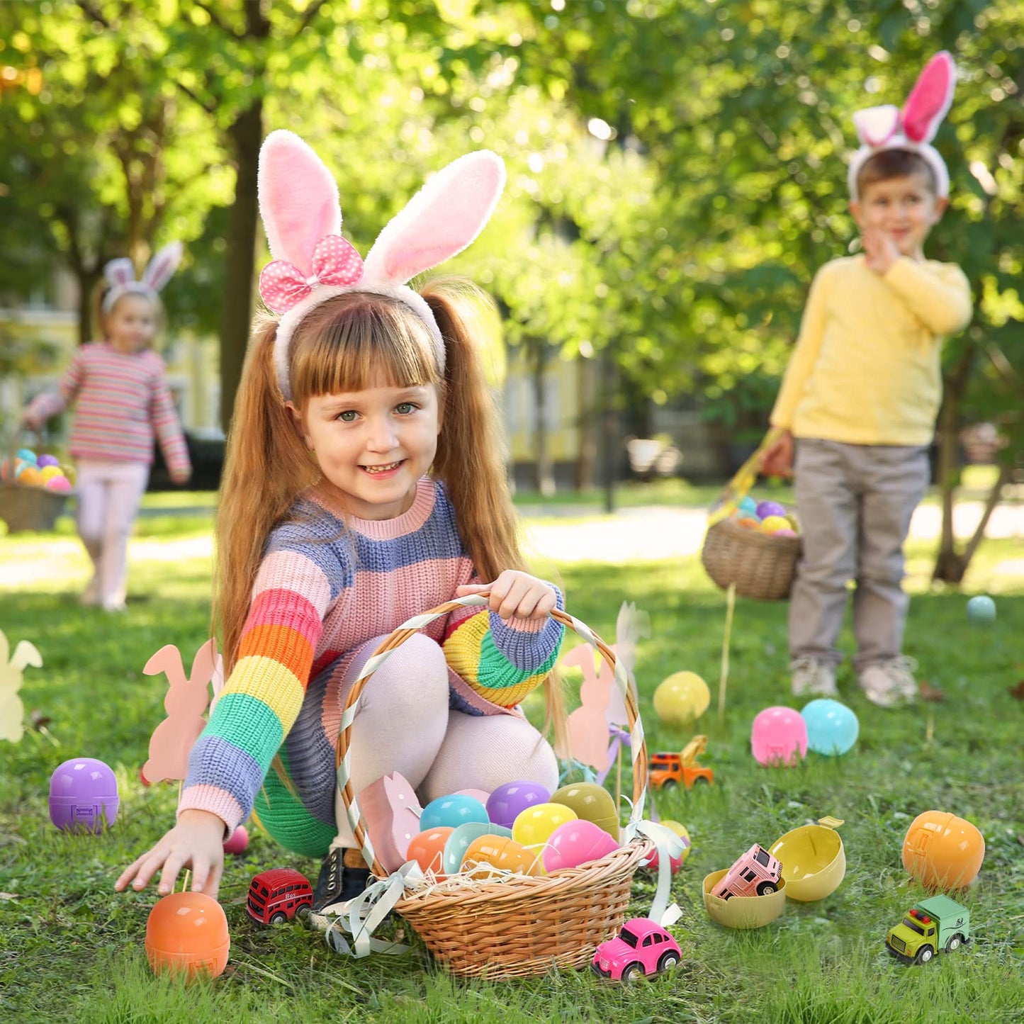 CUTE STONE 12 PCs Filled Easter Egg with Alloy Cars Toy, Easter Basket Stuffers Toys Party Favors for Toddler, Kids