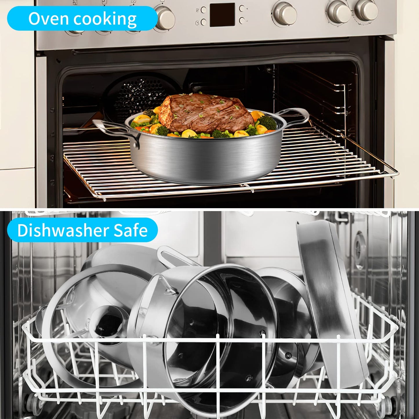 Stainless Steel Pots and Pans Set, 7-Piece Kitchen Cookware Sets with Glass Lids, Stay-Cool Handle, Oven Safe, Works with Induction/Electric and Gas Cooktops, Dishwasher
