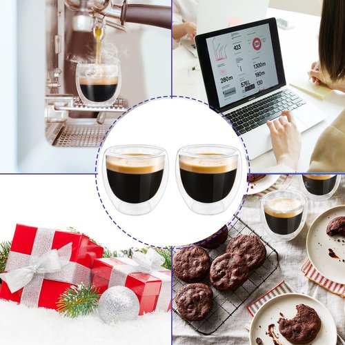 Double Wall Expresso Cups (Set of 2), 3 Ounce Glass Espresso Mugs - Clear, Double Walled, Insulated, Small Demitasse Cups for Espresso Machine - Microwave Safe