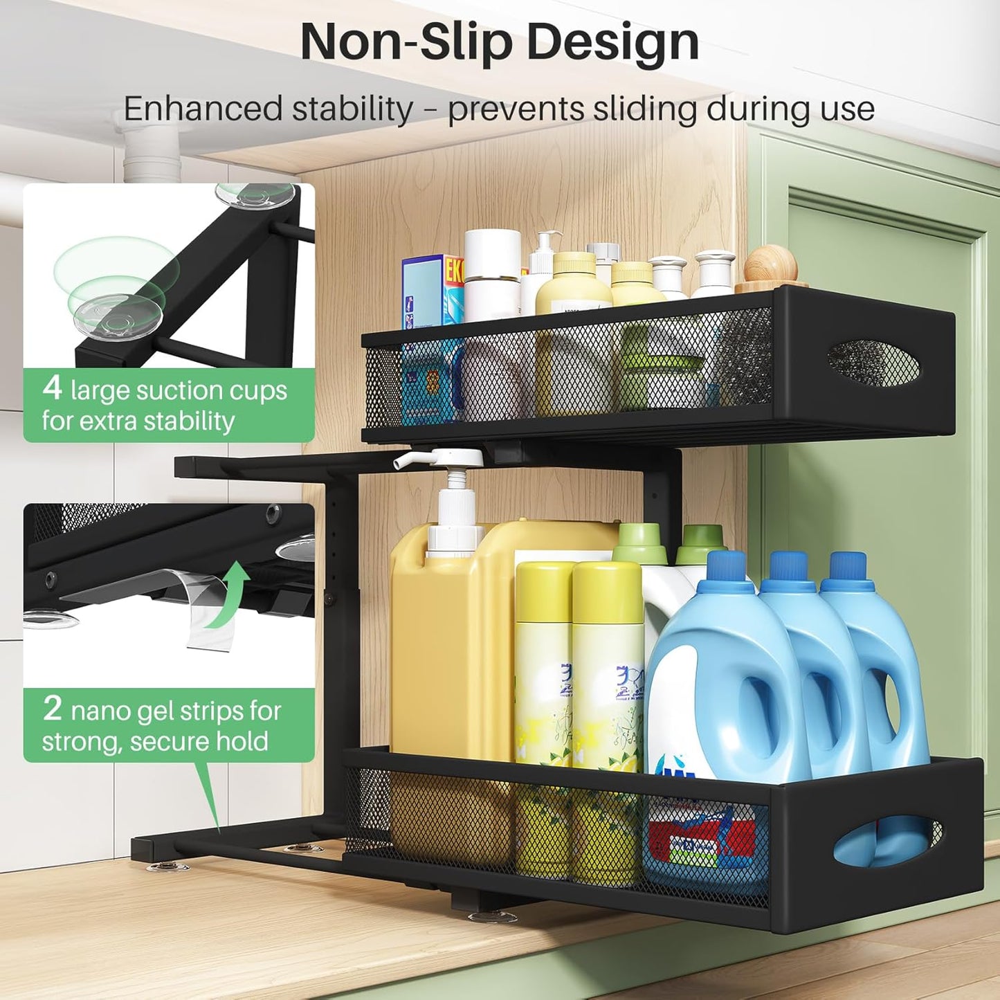 Skiennix Under Sink Organizer - 2 Pack 2 Tier Pull-Out Cabinet Baskets with Mesh Drawers | Black