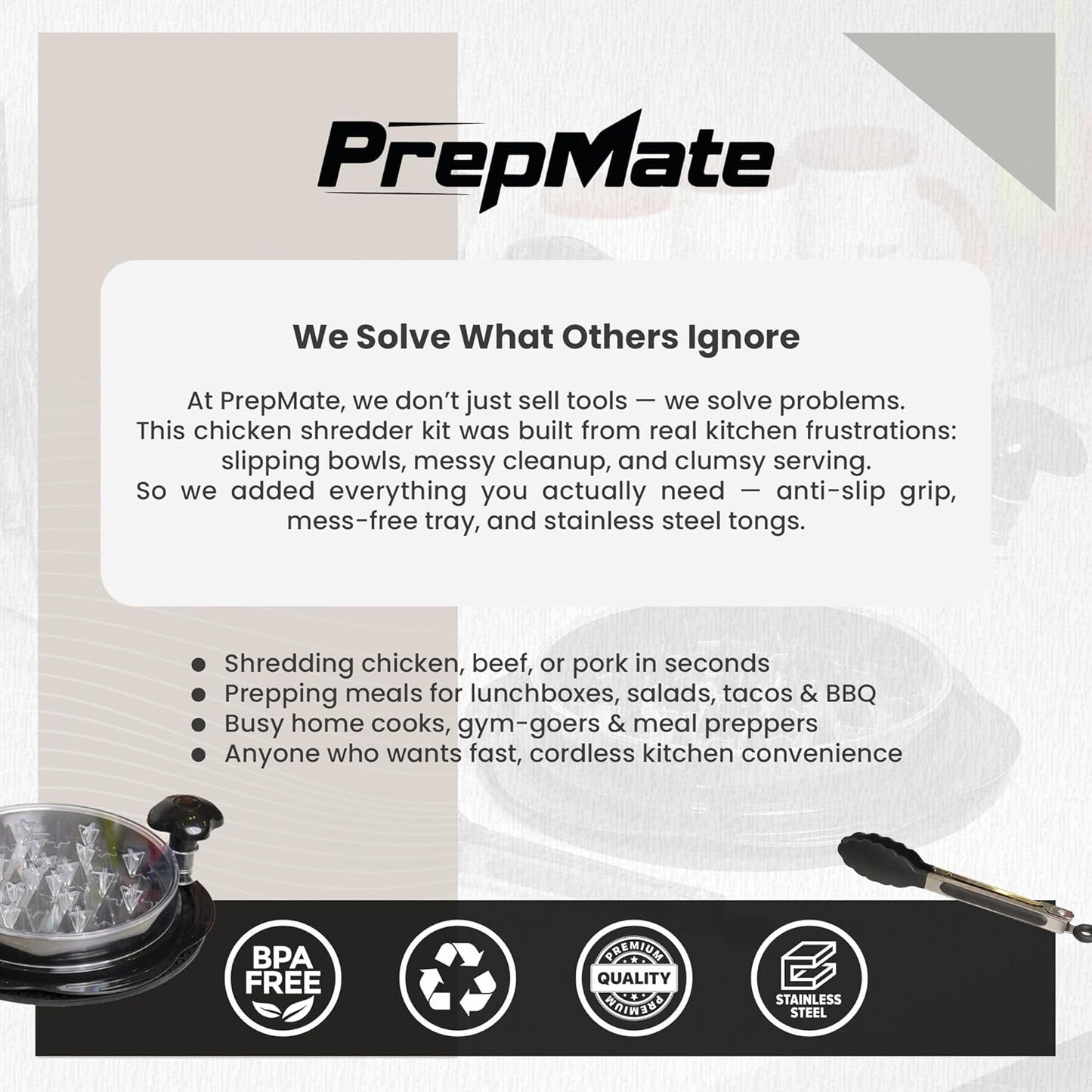 Prepmate Chicken Shredder Tool - Heavy Duty Meat Shredder with Anti-Slip Mat & Tongs | BPA Free, Dishwasher Safe