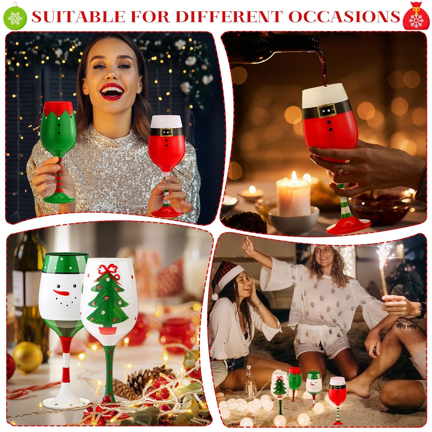 CPEGHDVM 4 Pcs Christmas Wine Glasses 16.8 Oz Set Santa Belt Snowman Drinking Goblets Cups Xmas Hand Painted Wine Cup Glass for Home Bar Diner Birthday Wedding Christmas Party Favors