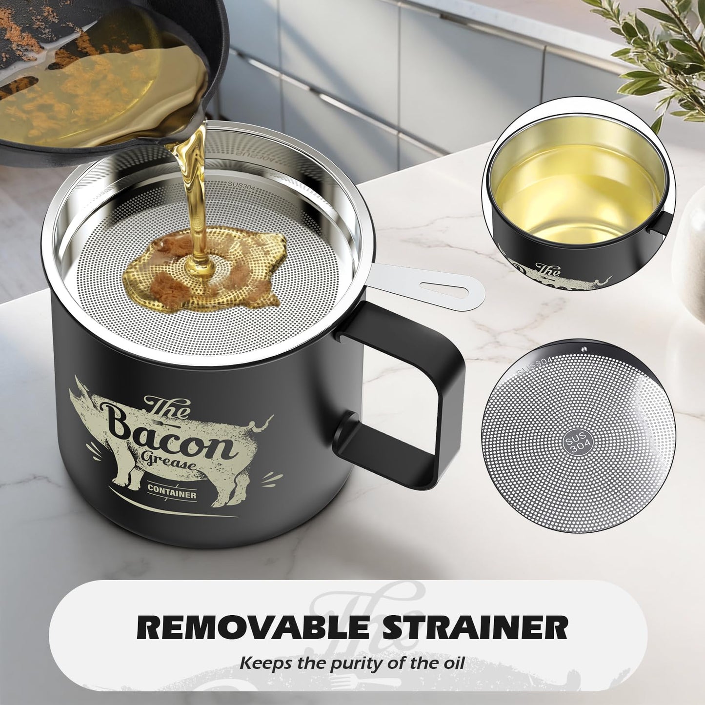 PGYARD Mini Bacon Grease Saver With Strainer - 20 OZ Stainless Steel Oil Container, Farmhouse Bacon Grease Keeper For Kitchen Fat Storage, Dishwasher Safe-Black