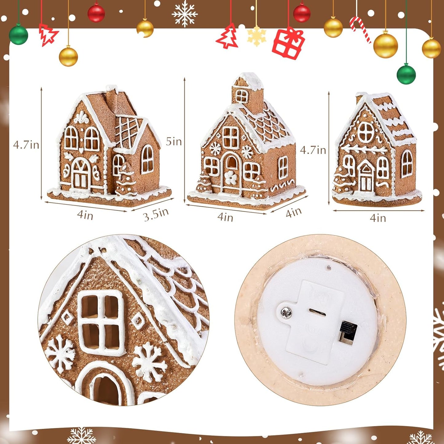 Skiennix Light-Up Gingerbread House Christmas Decorations | 3-Piece Collectible Figurines with LED Lights