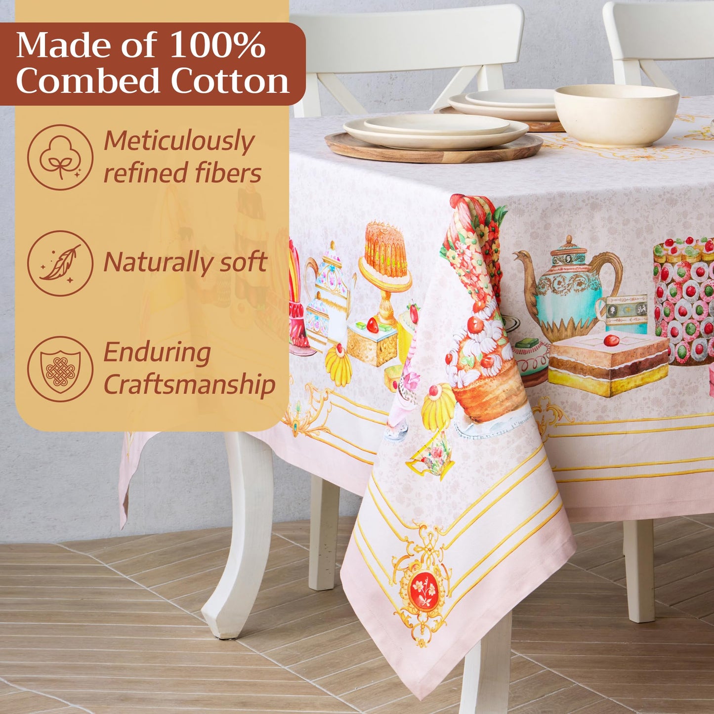 Maison d' Hermine Premium Table Cloth Rectangle Table 100% Combed Cotton 90 x 70 Inches Tablecloth Reusable Decorative for Dining Room, Farmhouse, Home, Party, Festive & Wedding - Pastries