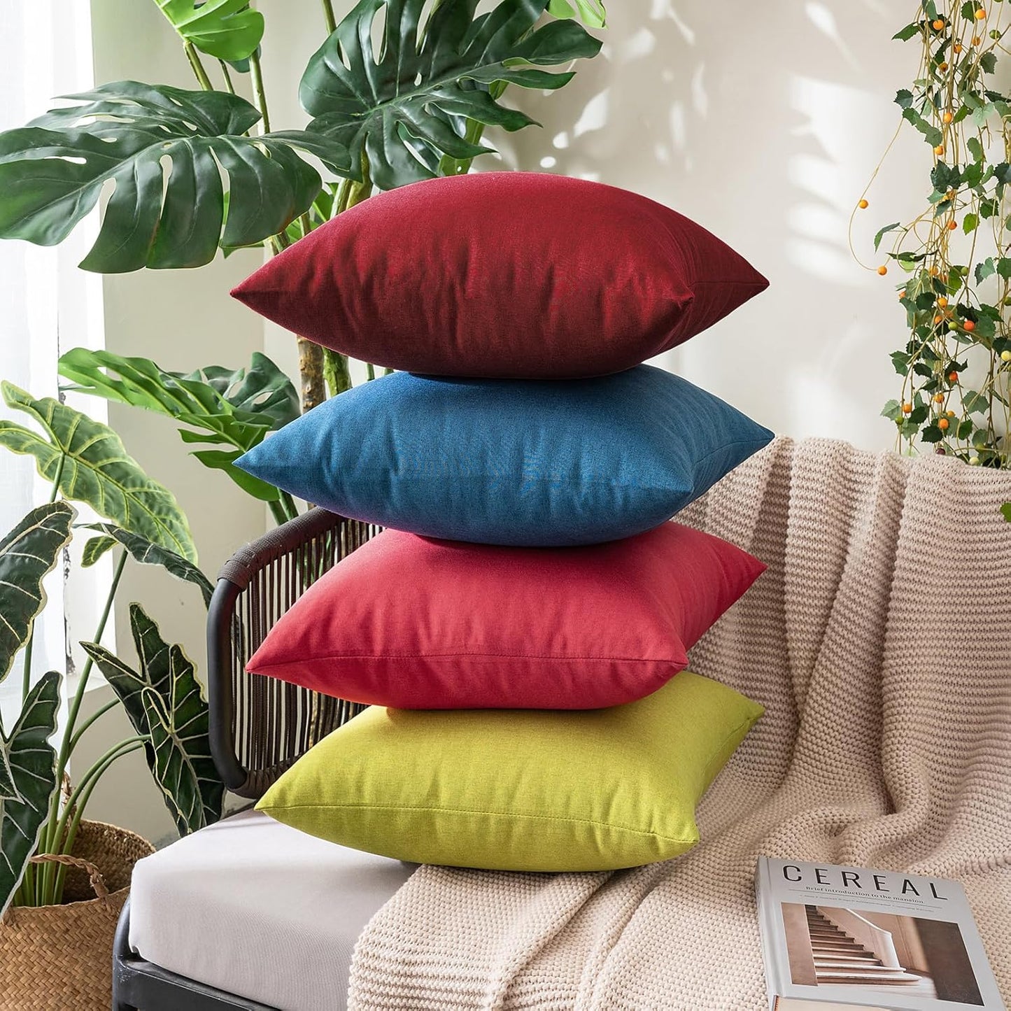 MIULEE Decorative Outdoor Throw Pillow Covers - Waterproof Faux Linen Cushion Cases, 18x18 Inch, Wine Red | Pack of 2