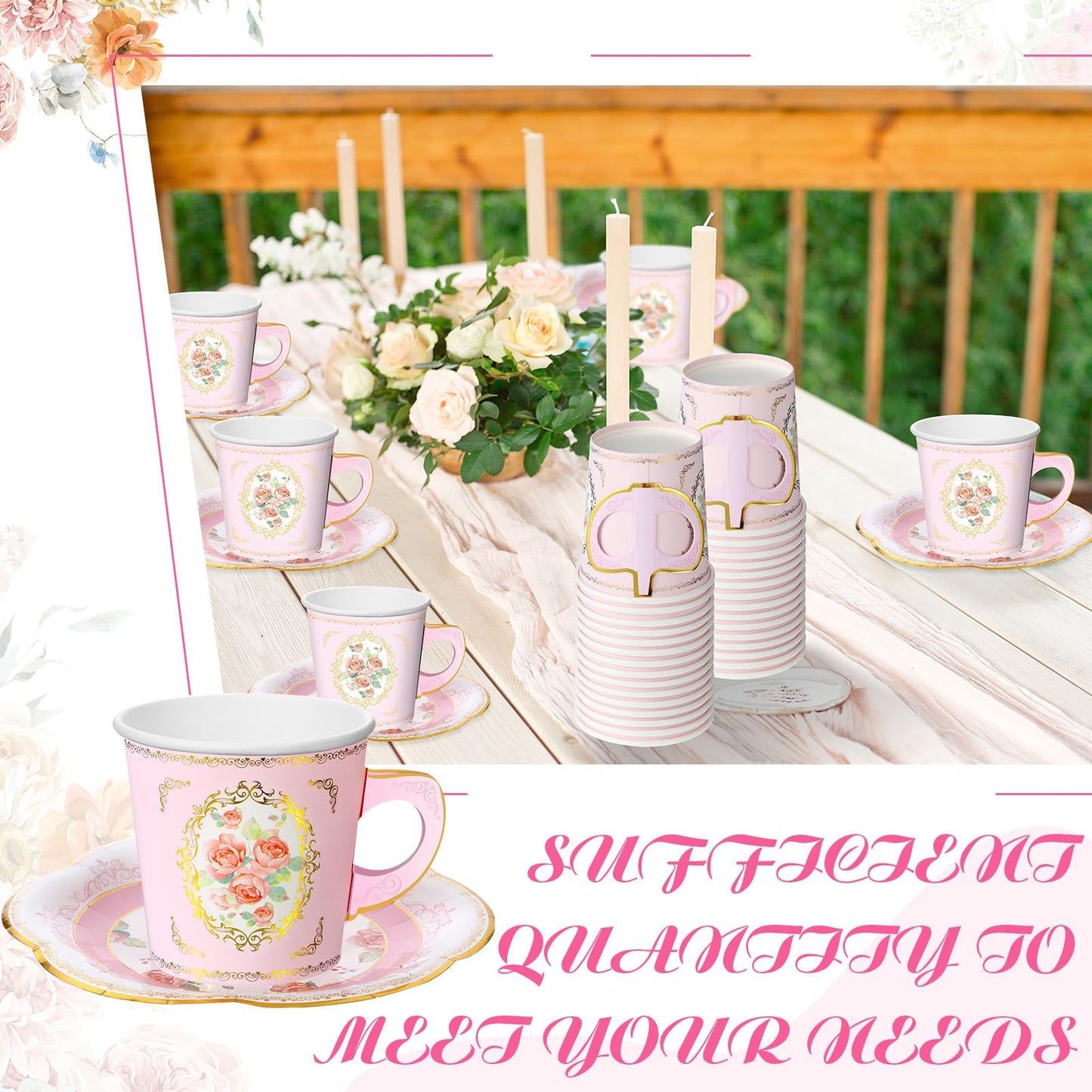 Umigy 60 Sets Tea Party Decorations 6.5oz Floral Paper Tea Cups with Handle and Plates Disposable Blossom Teacups and Saucers Sets with Tape for Hot Cold Drink Birthday (Pink Rustic)