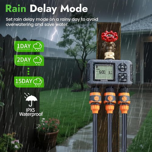 Insoma Water Timer - 3-Zone Outdoor Hose Timer with Brass Inlet & IPX5 Waterproof | Garden Irrigation Controller