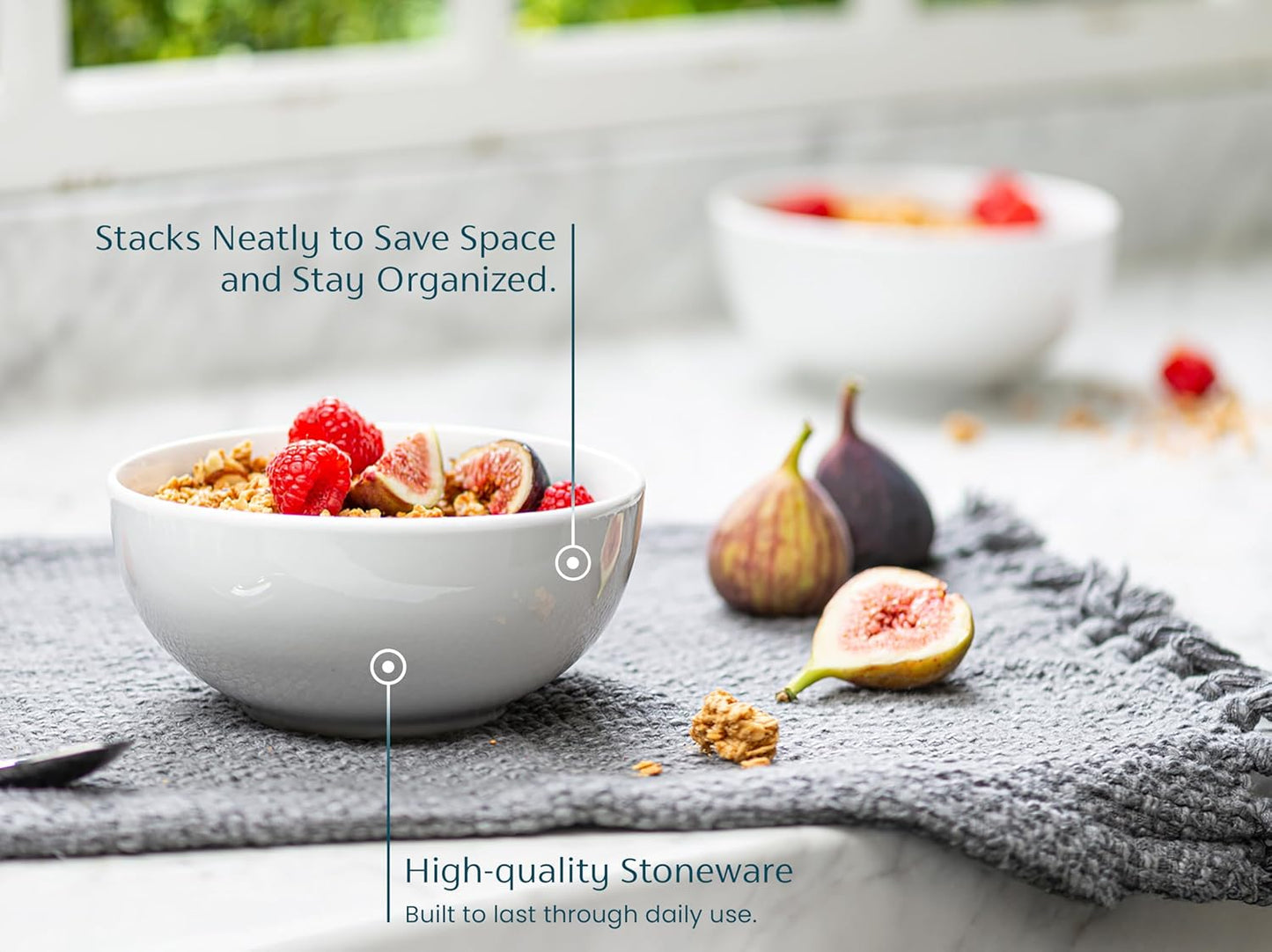 KooK Ceramic Cereal Bowls - Microwave & Dishwasher Safe Porcelain Dishes | 24 oz, Set of 6, Marshmallow White