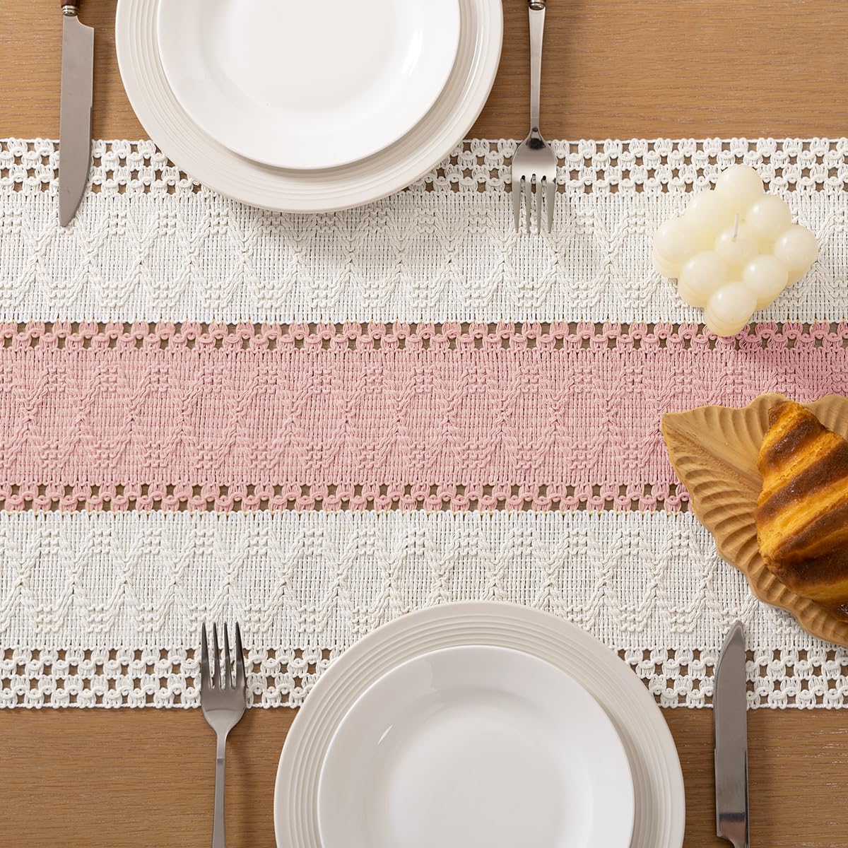 Socomi Boho Table Runner Easter Spring Farmhouse Rustic Dining Kitchen Centerpiece Decor Small Macrame Woven Cotton Linen Coffee Table Runner for Dresser Scarf Home Decor 12x60 inPink Ivory