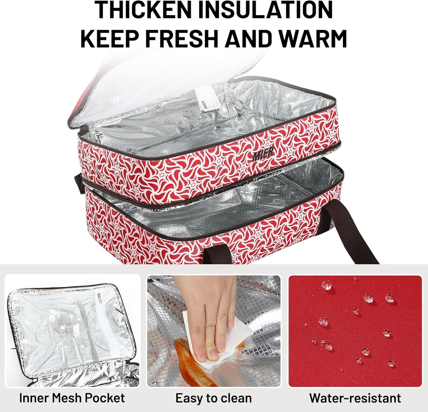 MIER Insulated Casserole Carrier - Double Food Carrier Bag for 9"x13" Dishes | Red Thermal Holder for Hot or Cold Food