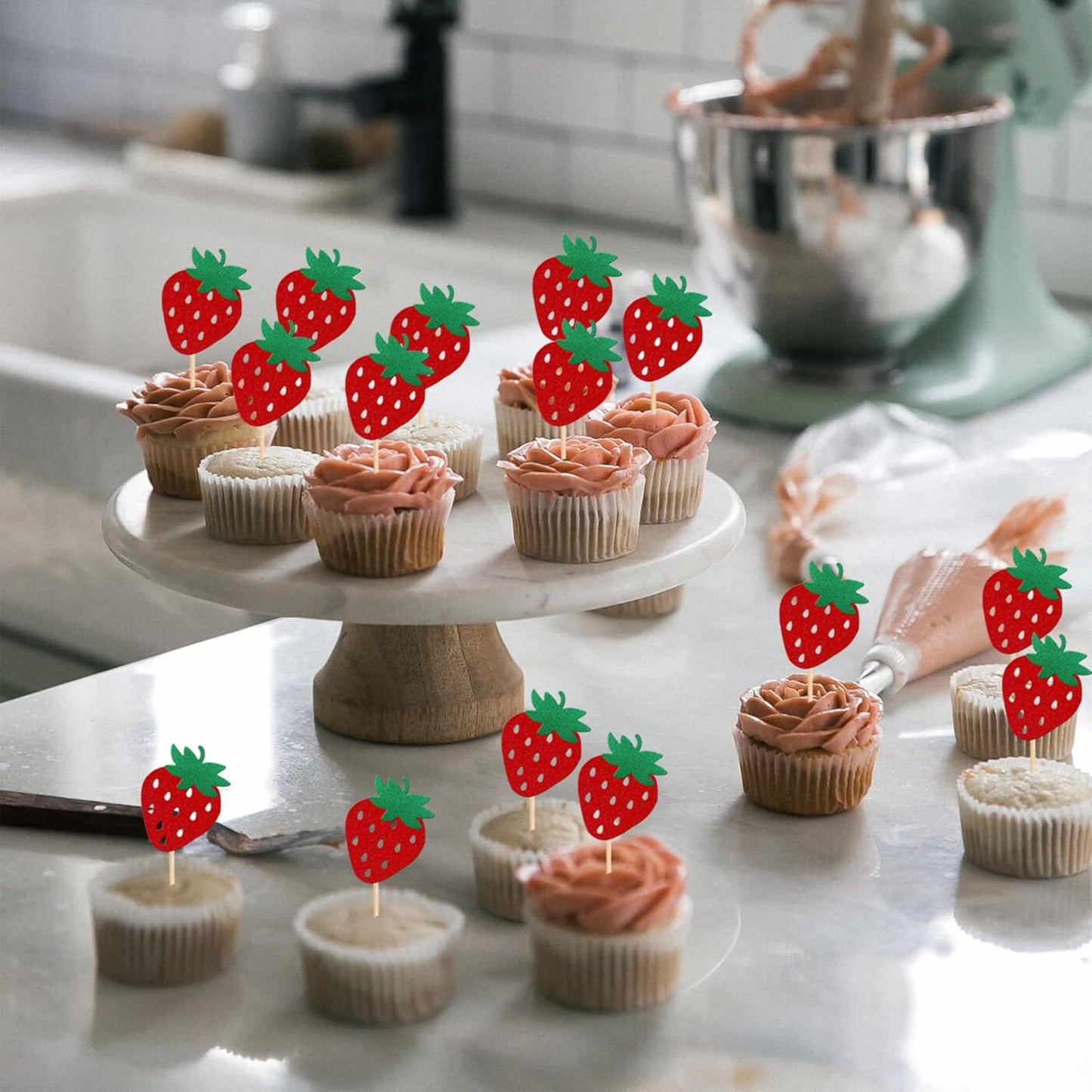 Skiennix 24 PCS Strawberry Cupcake Toppers - Red Glitter Fruit Theme Picks for Summer Parties