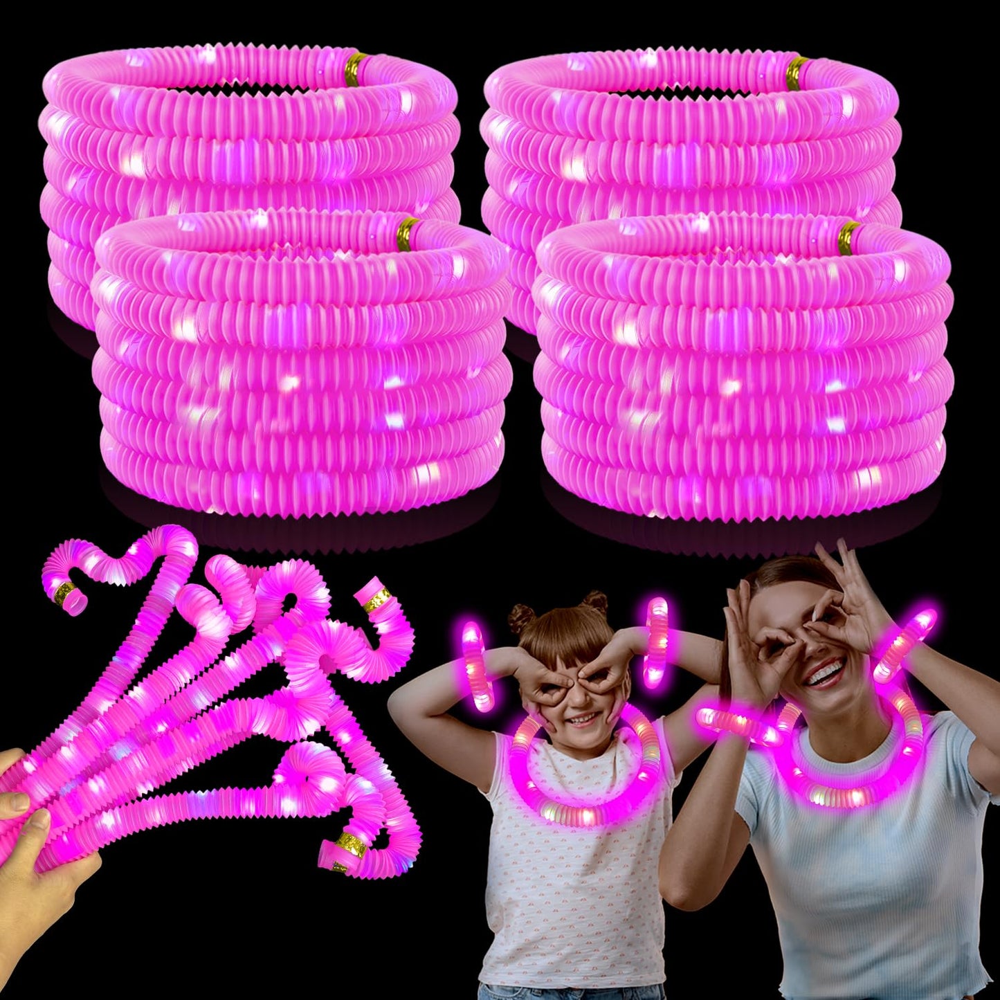 Pink Glow Sticks Party Favors for Kids 24 PCS,Glow Necklaces Bracelets Accessories Decor for Toddlers Graduation Party,Kindergarten Preschool End of School Year Goodie Bag Stuffers Classroom Prizes