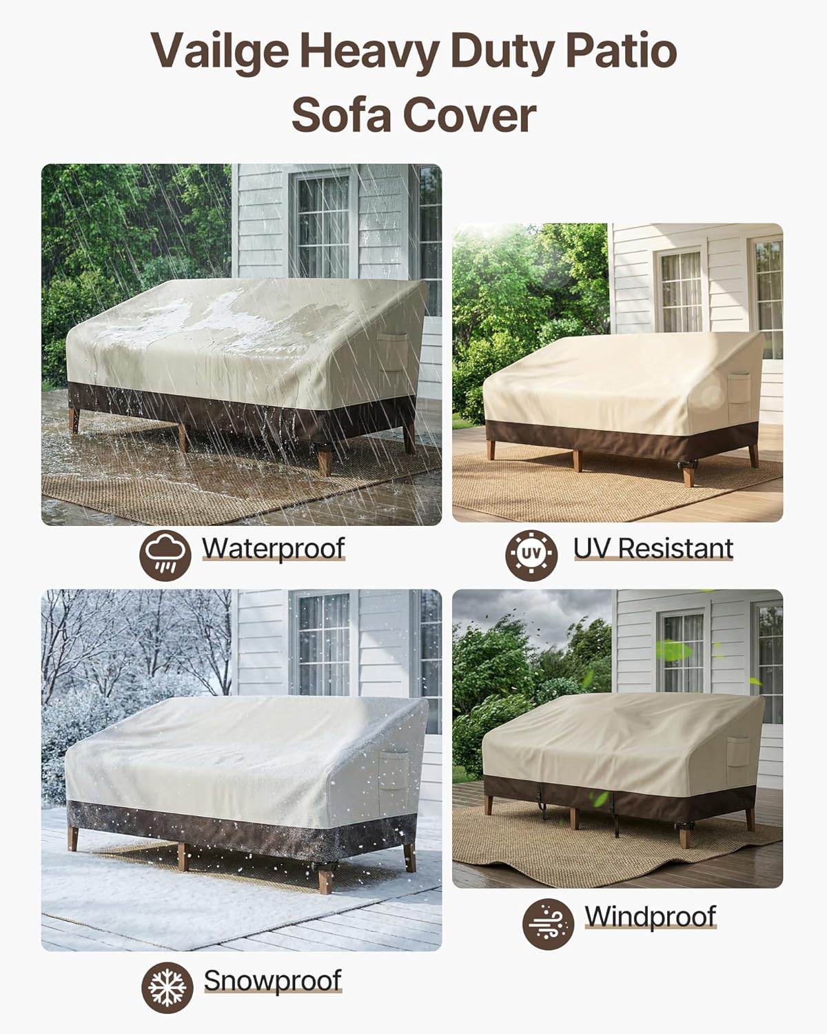 Vailge Heavy Duty Patio Sofa Cover - 100% Waterproof 3-Seater Outdoor Protection | Beige & Brown, 79" W x 37" D x 35" H