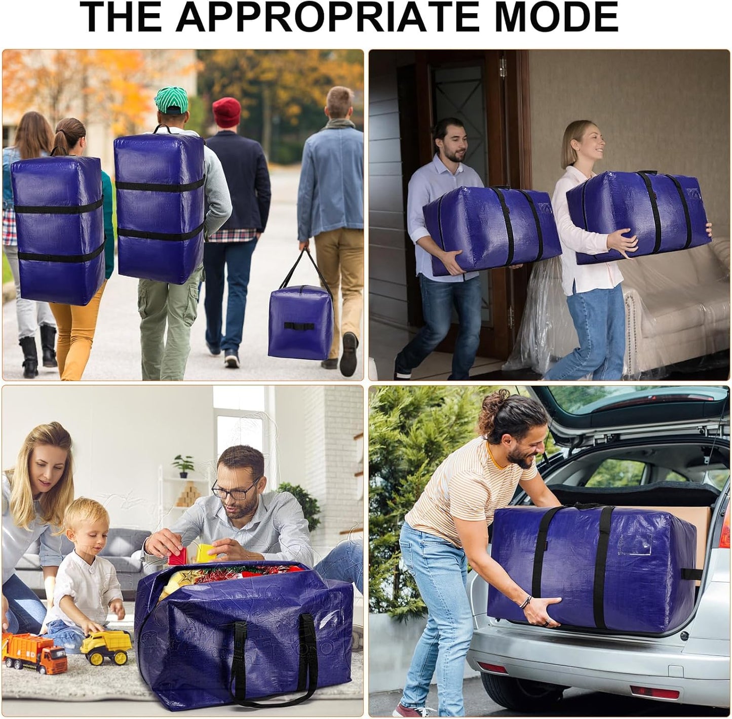 Skiennix Heavy-Duty Moving Bags - Extra Large Storage Totes with Zippers & Sturdy Handles - 6 Pack, Blue