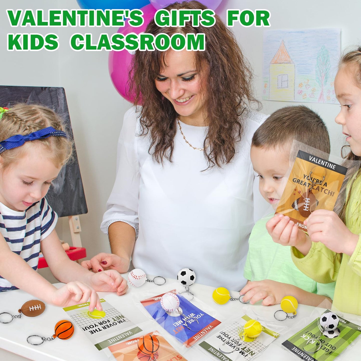 Sport Stress Ball Valentines Day Gifts for Kids Classroom -28 Pack,Mini Foam Ball Toy with Keychain & Exchange Cards for School Toddlers,Valentines Goodie Bag Stuffer Class Treat Prize for Boys Girls