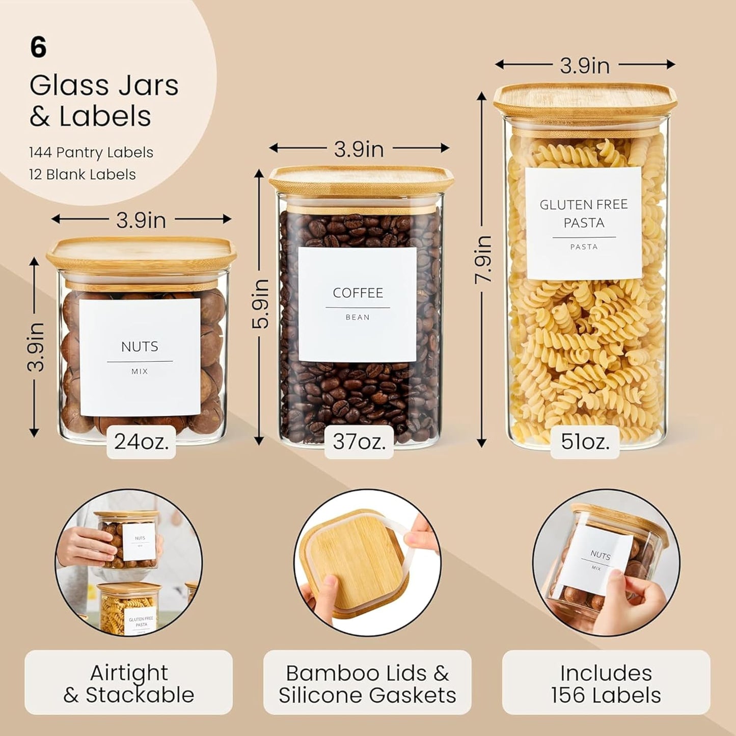 Talented Kitchen Glass Food Storage Containers - Airtight & Stackable Square Jars | Pack of 6, 24/37/51 fl oz