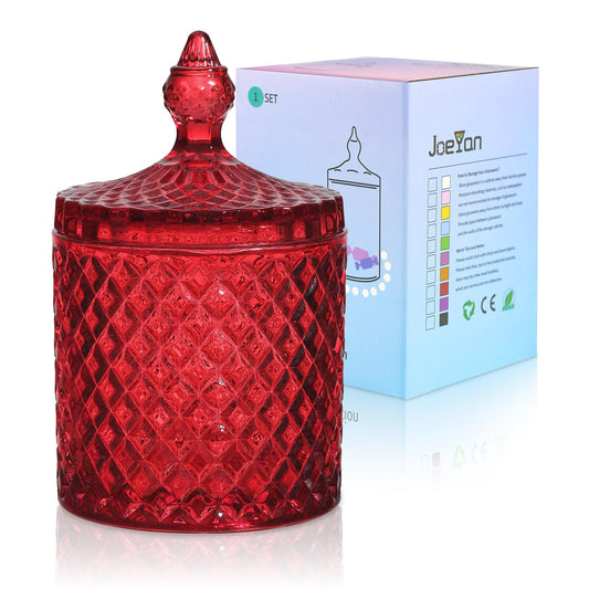 Joeyan 18 oz Red Glass Jars with Lid,Embossed Candy Dishes,Diamond Faceted Glass Food Container,Decorative Jewelry Box Canisters,Colored Kitchen Bathroom Storage Organizer,Gifts for Wedding Buffet