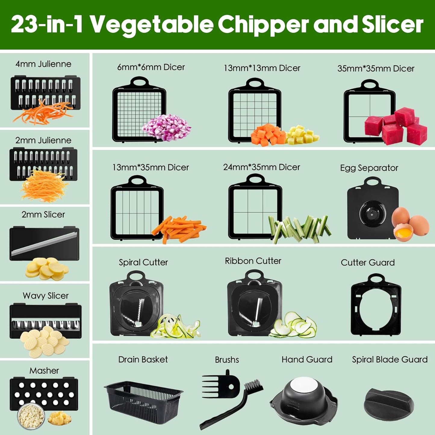 Skiennix Vegetable Chopper - 10 Blades Slicer & Dicer | 23-in-1 Mandoline Cutter with Hand Protector & Container (Black)