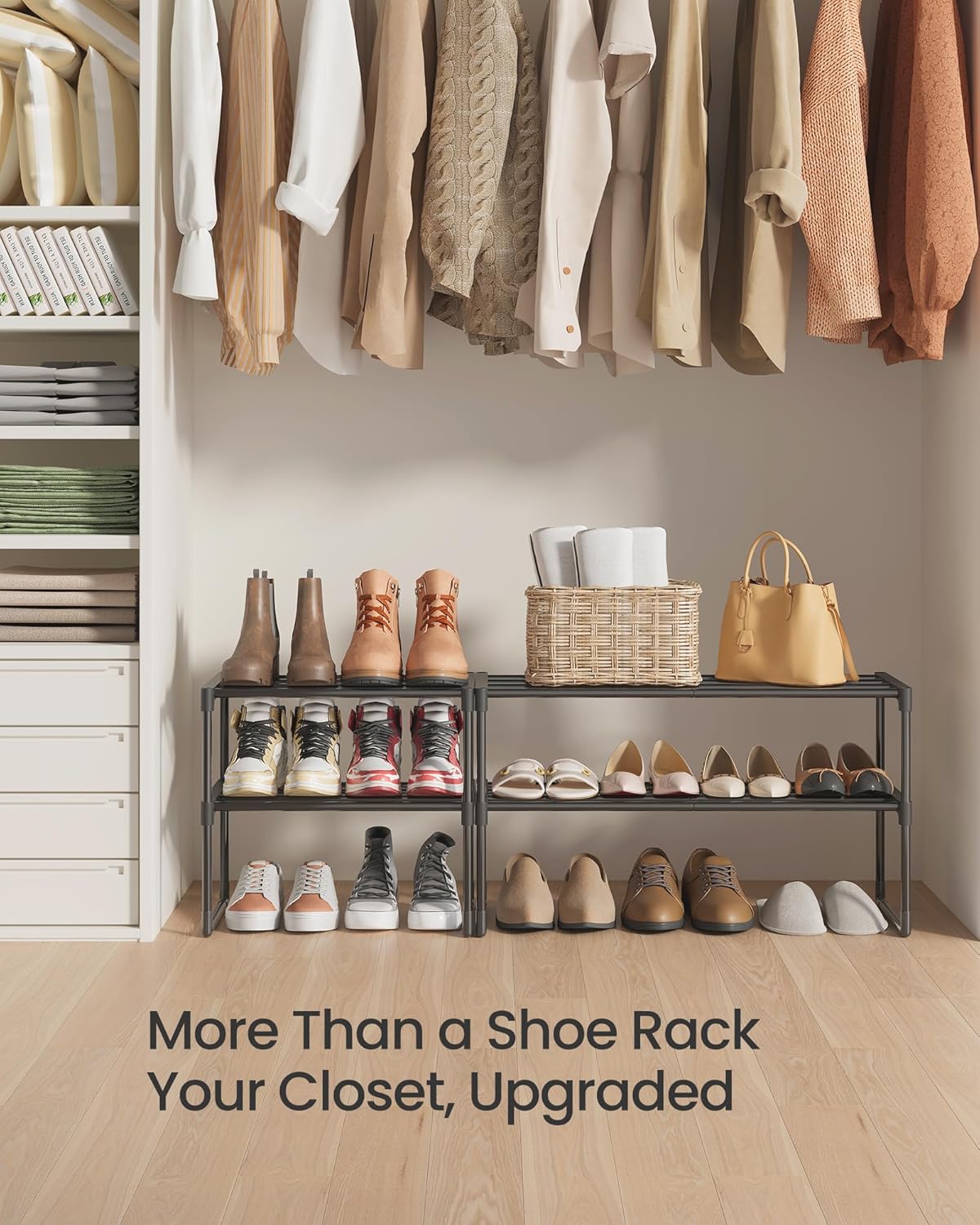 SONGMICS 2-Tier Shoe Rack - Stackable Metal Organizer for 3-6 Pairs - Black, 11.8 x 16.7 x 14.8 Inches