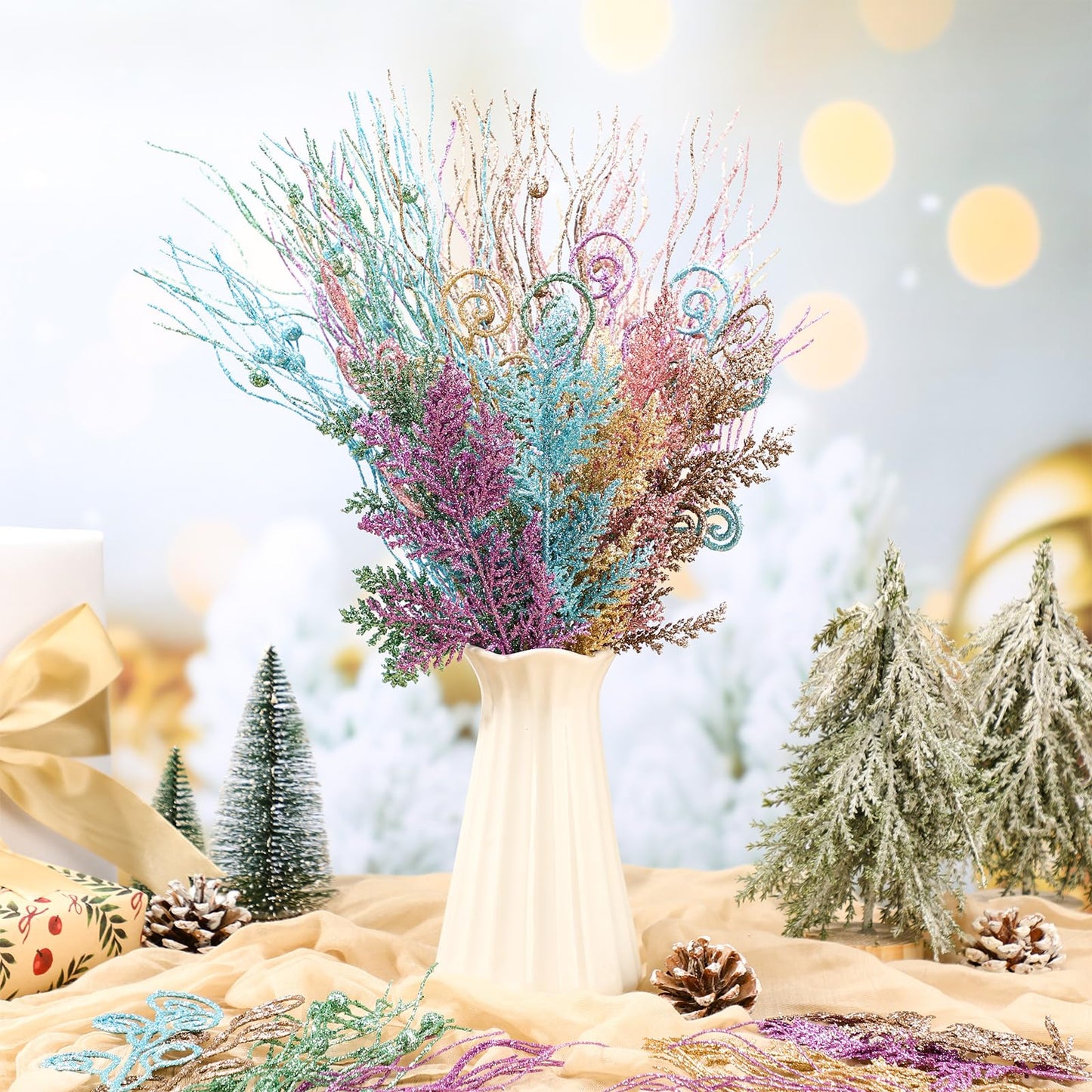 72 Pcs Pastel Christmas Tree Picks and Sprays Decoration Candy Christmas Tree Decor Artificial Glitter Berry Stems Pastel Candy Picks Ornaments Branches for Vase Filler Holiday Party Decoration