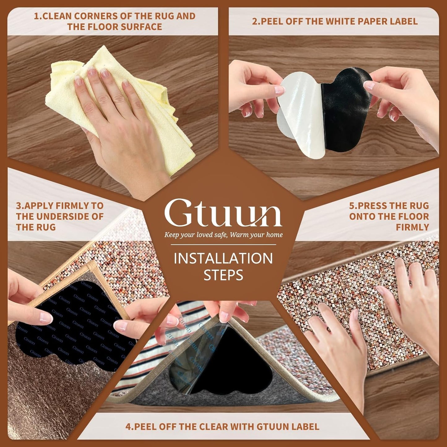 Skiennix Non-Slip Rug Grippers - Dual-Sided Adhesive Pads to Keep Corners Flat | 8 Reusable & Washable Pads for Hardwood Floors and Tiles