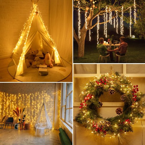 2Pcs Fairy Lights Plug in, 10Ft 200LED Copper Wire Firecracker Firefly Lights Waterproof Cluster String Lights for Ceiling Bedroom Wreath Window Wedding Christmas Tree Decor, Warm White (No Remote)