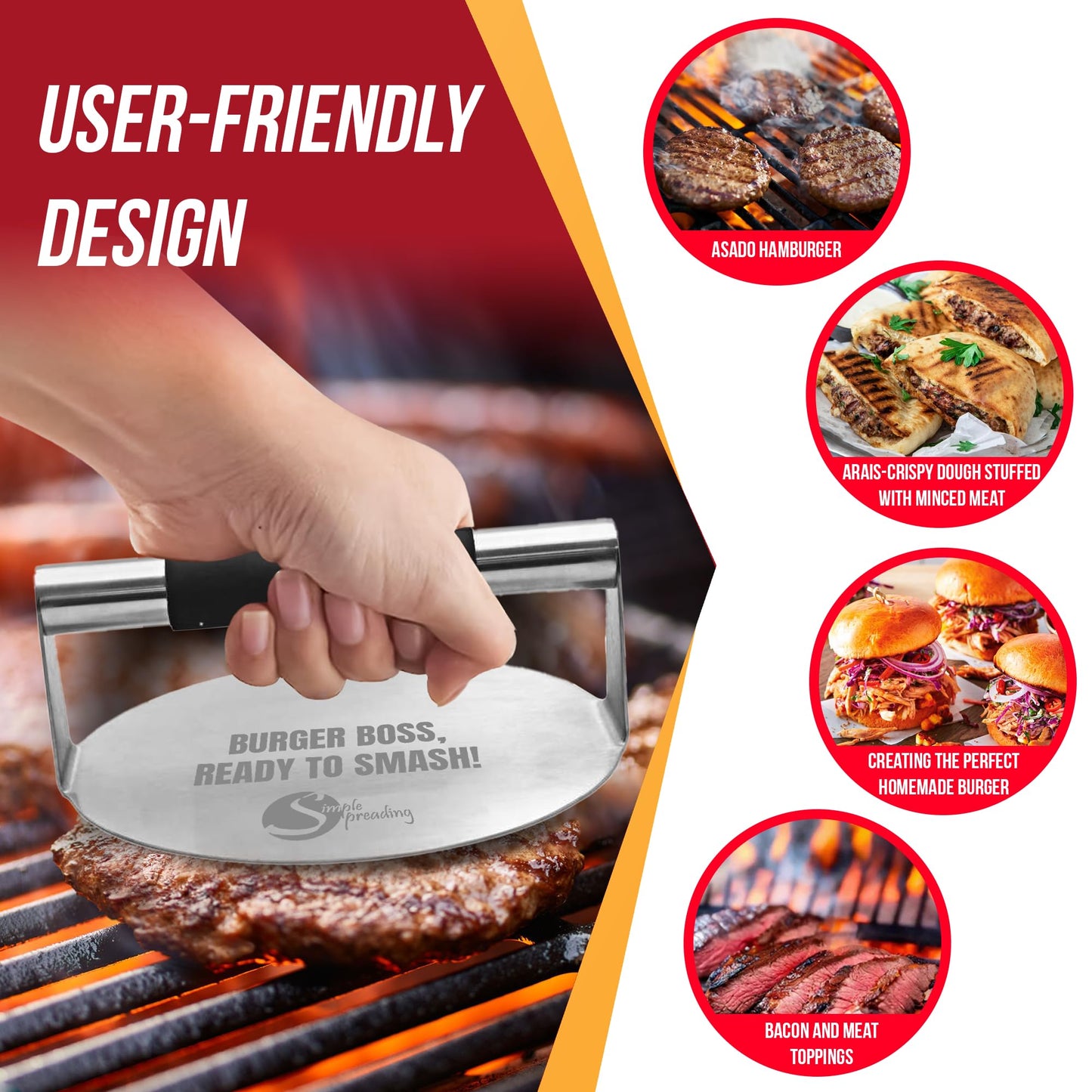 Simple preading Smash Burger Press with Fun Quotes - Stainless Steel Hamburger Smasher for Griddle & Grill Press, Perfect for BBQ, Flat Tops, Patty Making, (5.5" XL, Burger Boss)
