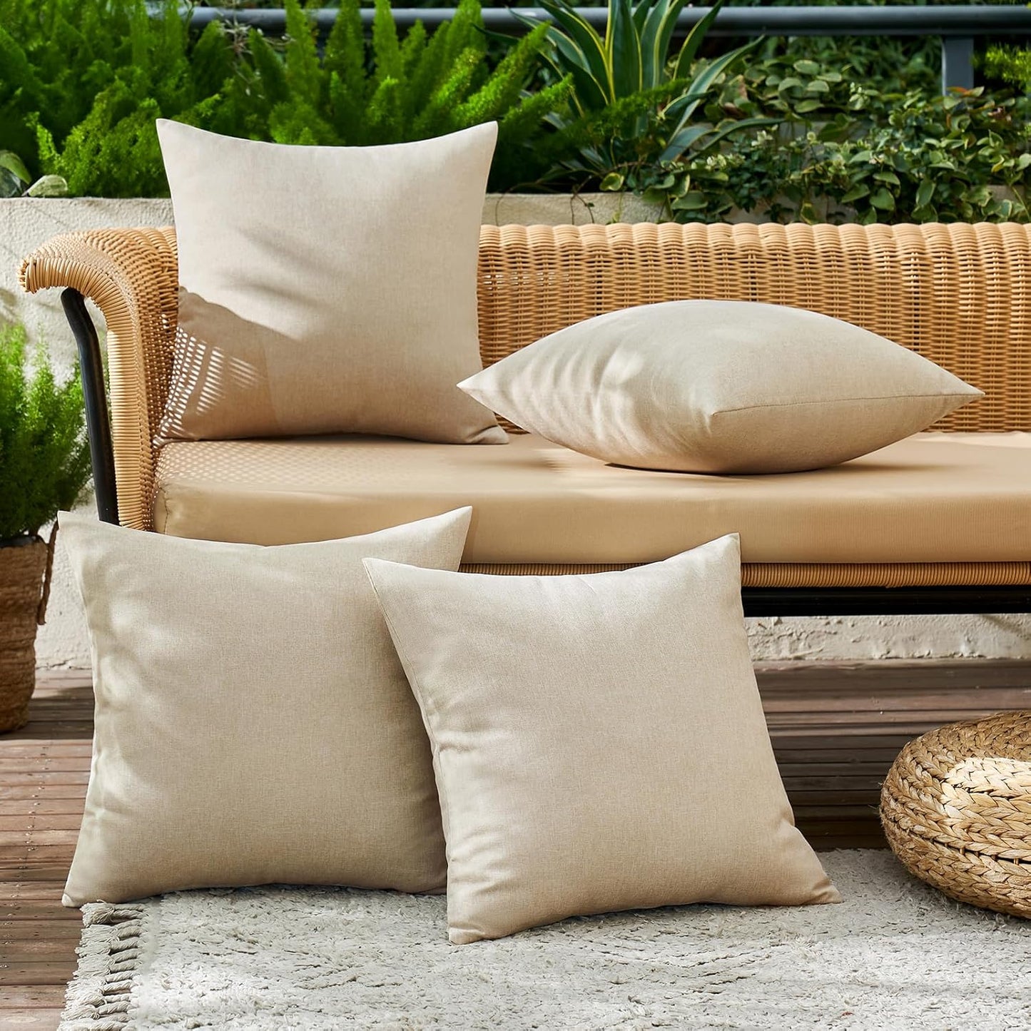 MIULEE Decorative Outdoor Throw Pillow Covers - Waterproof Linen Cushion Cases | Pack of 4, 18x18 Inch, Beige