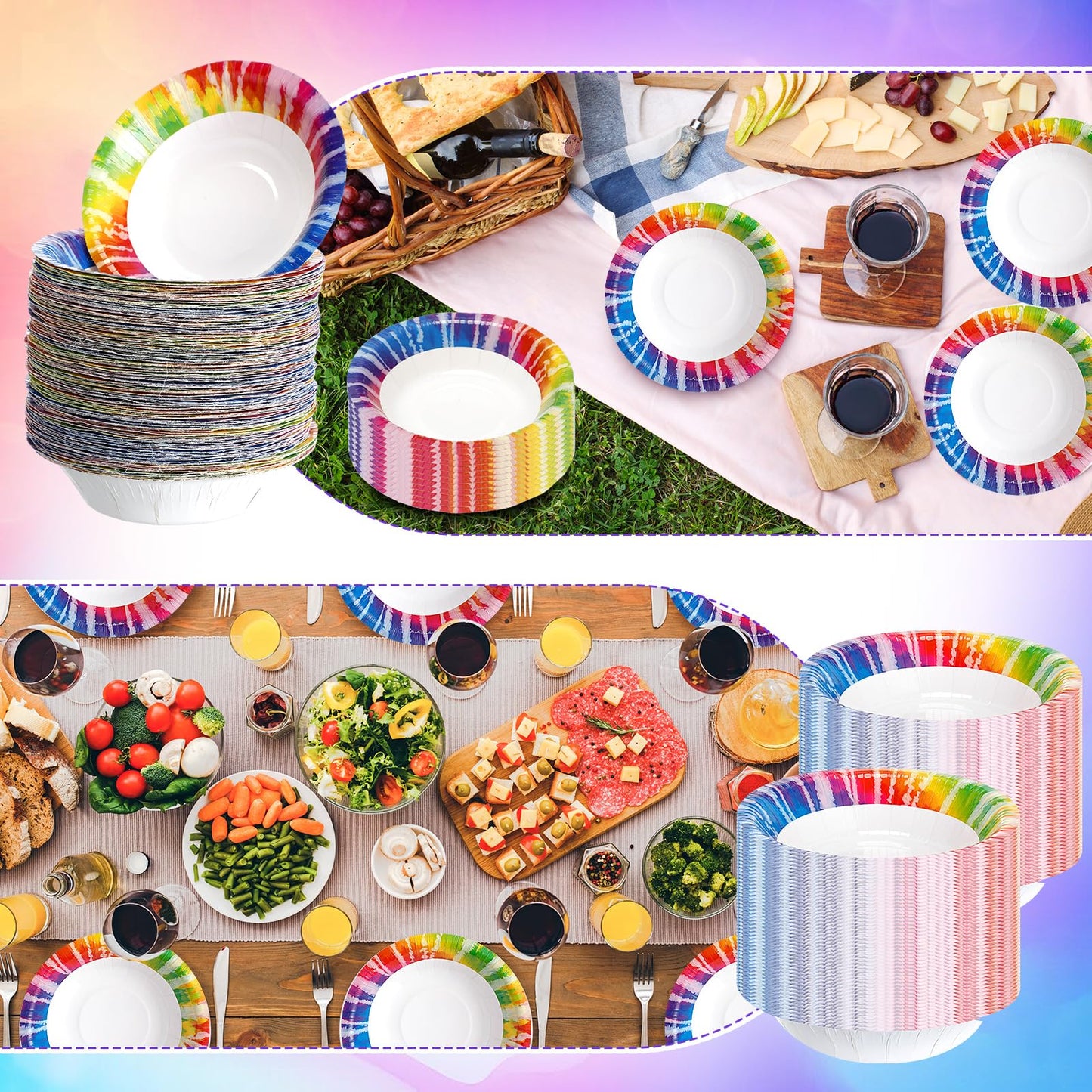 FillTouch 120 Pcs Tie Dye Paper Bowls Bulk 16 oz Party Supplies Disposable Paper Soup Bowls 7 Inches for Hot Cold Food Snack Milk Cereals Salads Dinner Birthday Rainbow Decorations