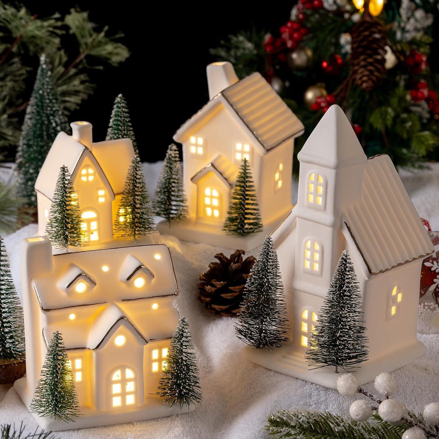 Skiennix Ceramic Christmas Village Set - LED Porcelain Houses with Xmas Trees | 4-Piece Tabletop Decor