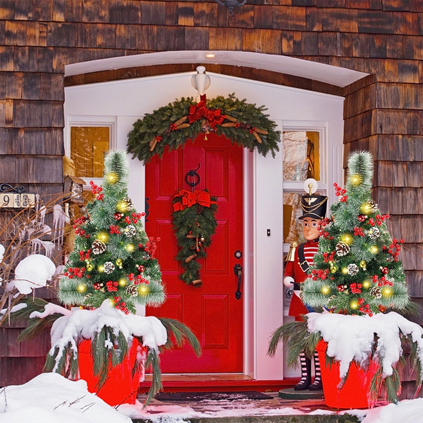 Juegoal 30-Inch Pre-Lit Pathway Christmas Trees - 2 Pack with 60 LED Lights & Ornaments | Battery Operated Holiday Décor