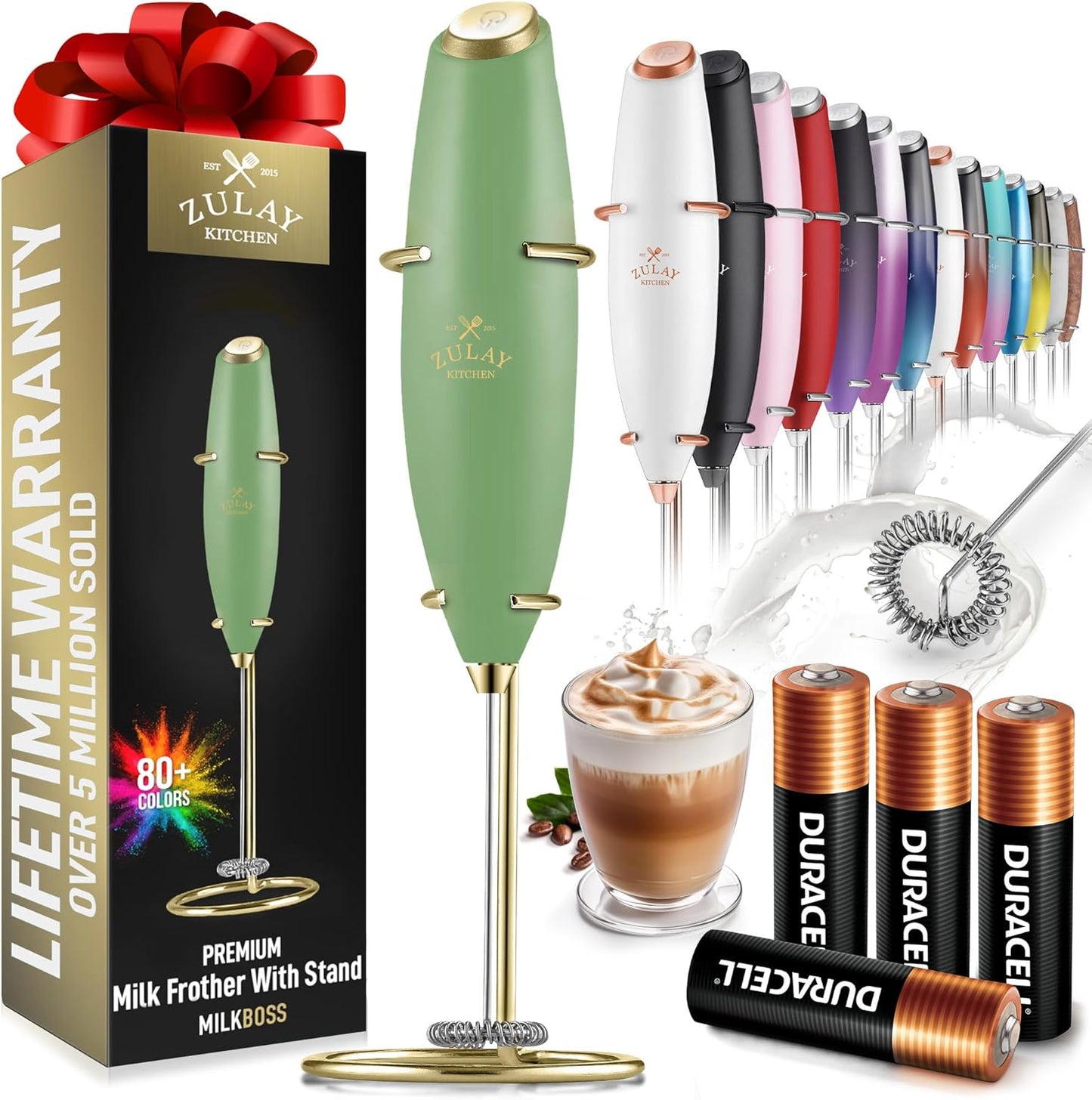 Zulay Kitchen Milk Frother Wand - Ultra Fast Handheld Electric Whisk for Coffee & Lattes - Forest Gold