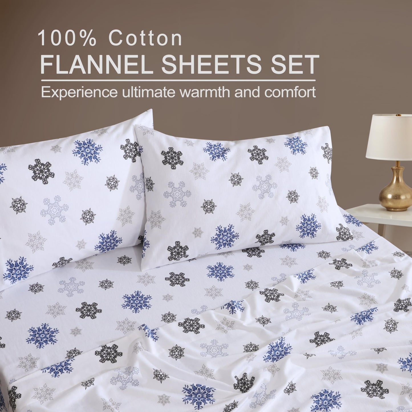 ZOYER Flannel Sheets King Size Set - Soft & Comfy Deep Pocket Cotton Flannel Bedding, Fitted Up to 16", Double Brushed King Bed Sheets, 4 Pieces, White Snow