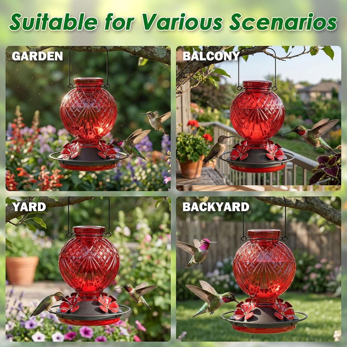 Skiennix Glass Hummingbird Feeder - 20oz Outdoor Nectar Feeder with 4 Flower Ports & Ant Moat, Red