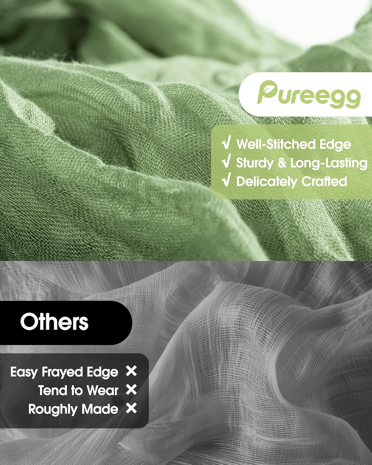 Pureegg Table Cloth Set - 10 Waterproof Disposable Tablecloths (54"x108") & 2 Decorative Cheesecloth Runners (35"x120") | Perfect for Parties, Picnics & Weddings in White & Sage