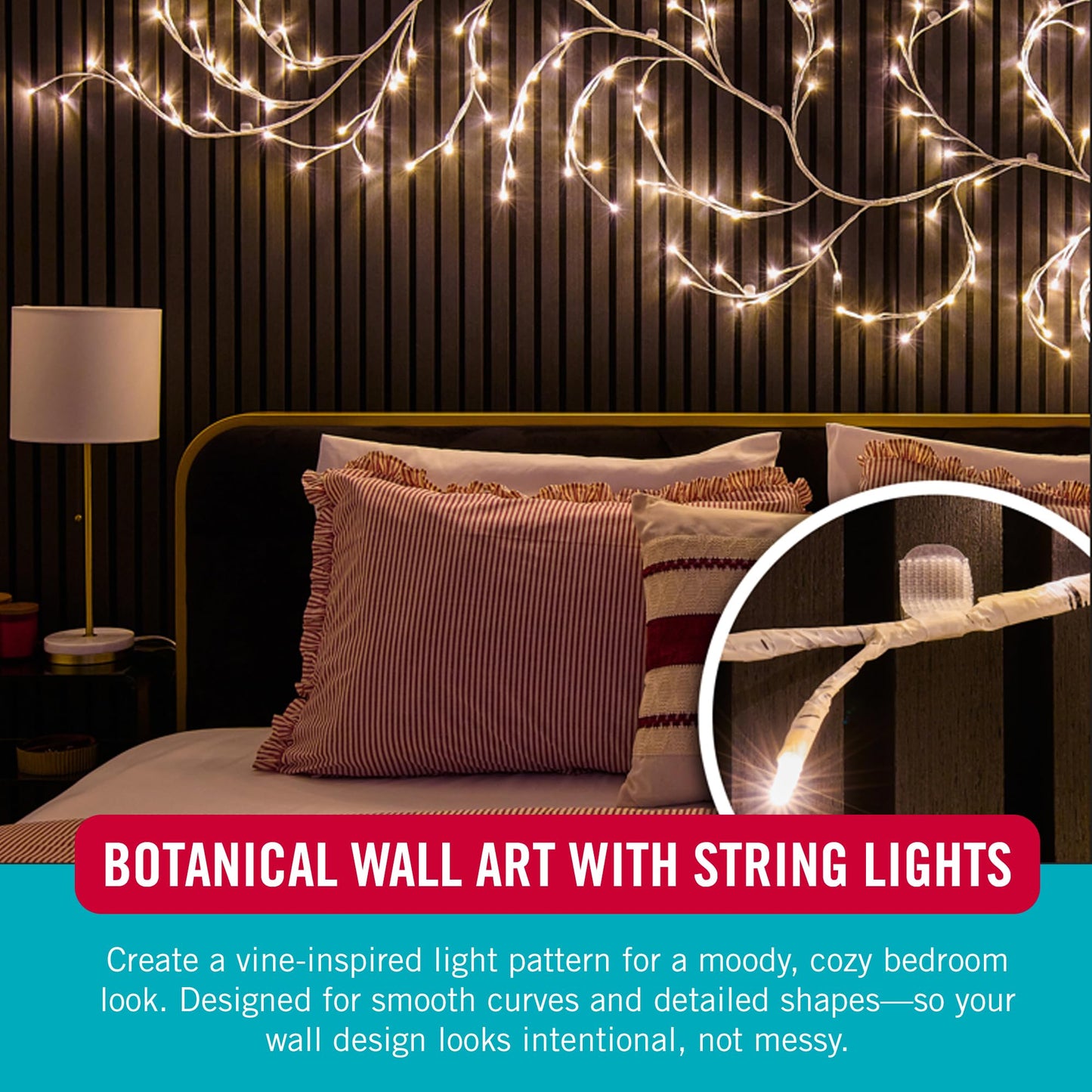 VELCRO Brand Indoor Light Clips for Hanging String Lights, Holds Up to 100 ft, Transparent Peel‑and‑Stick Wall Clips for Any Shape or Configuration, Damage‑Free and Removable, Pack of 48