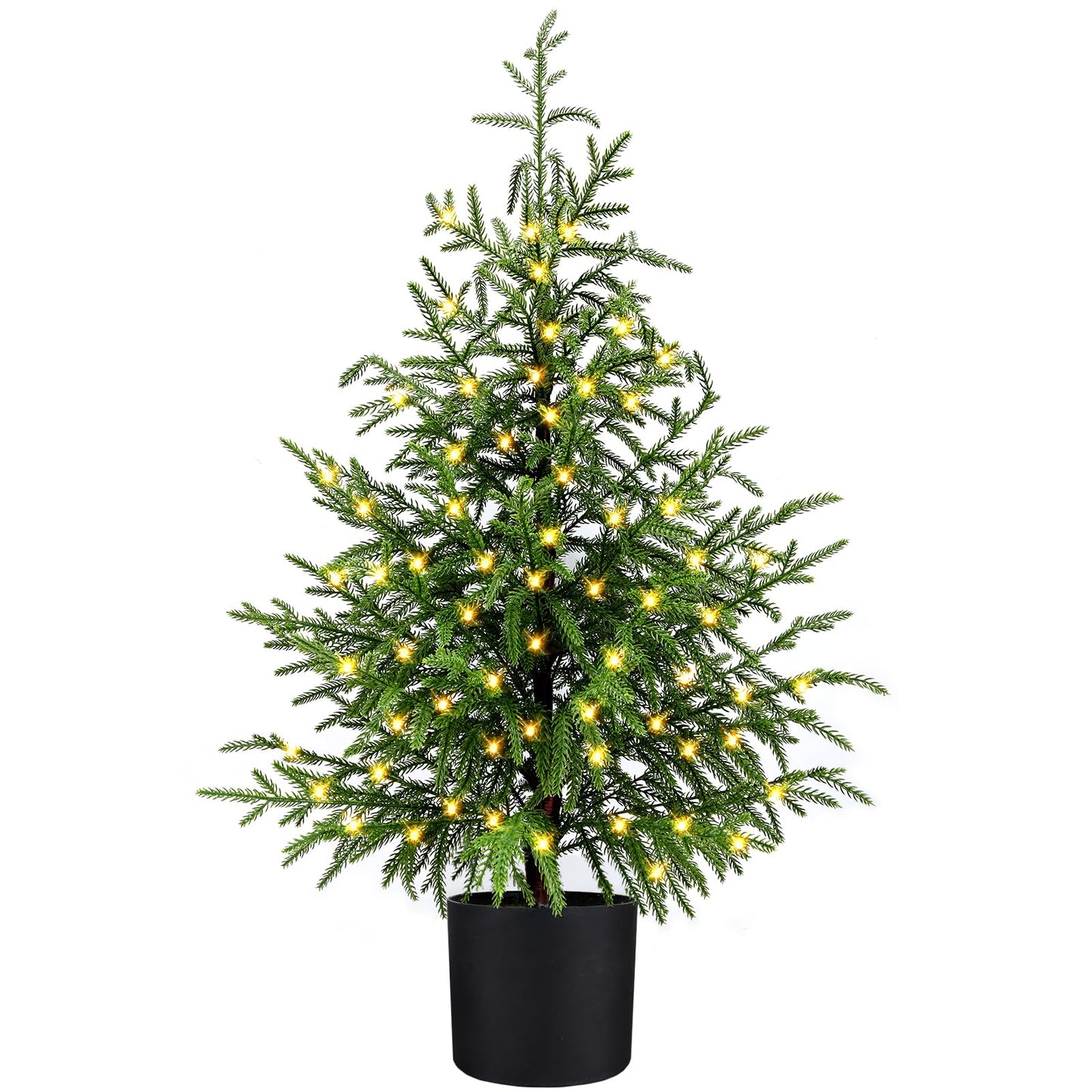 ENVEN PreLit Artificial Norfolk Pine Christmas Tree – Realistic Potted Tree with 70 LED Lights & 8-Mode Battery Box, Pre-Assembled Faux Holiday Decor for Indoor Display (3FT-1Pack)