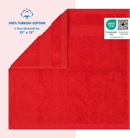 Cotton Paradise 100% Cotton Turkish Washcloth Set - 4 Soft Absorbent Red Towels for Bathroom