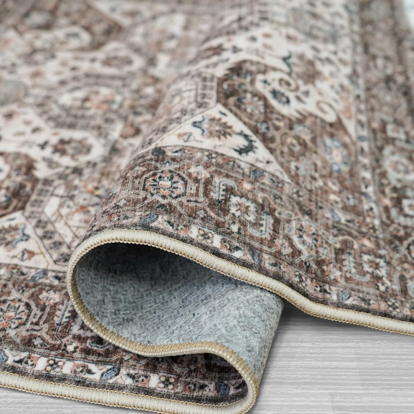 Skiennix Washable 9x12 Large Area Rug - Vintage Non-Slip Backing, Stain Resistant Medallion Design for Living Room & Bedroom - Brown